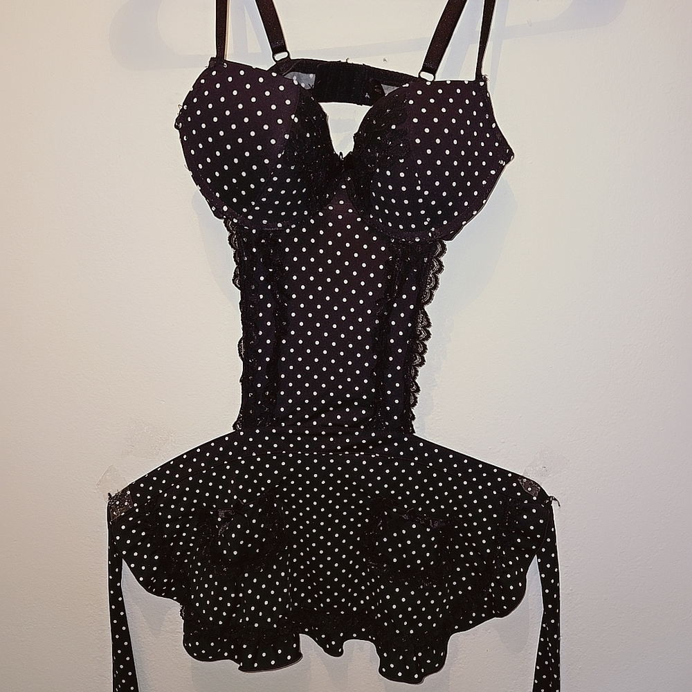 Polka Dot Lace Trim Bustier Dress - Black